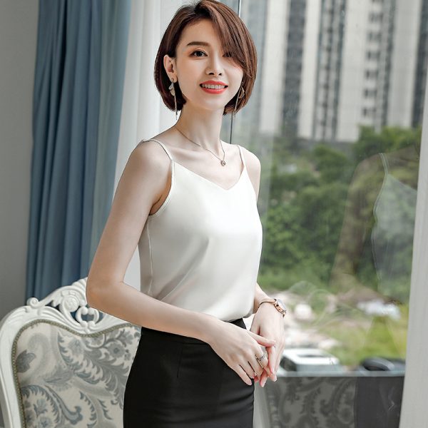 春夏V领仿桑蚕丝上衣优雅内搭缎面吊带背心女2023新款打底衫