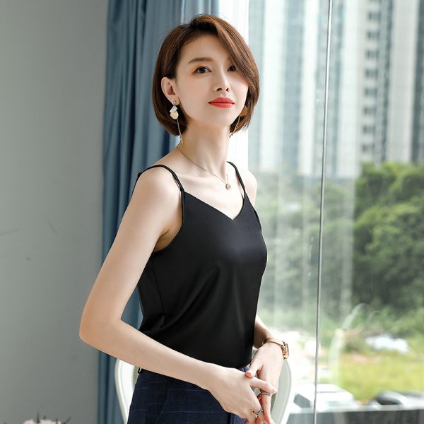春夏V领仿桑蚕丝上衣优雅内搭缎面吊带背心女2023新款打底衫