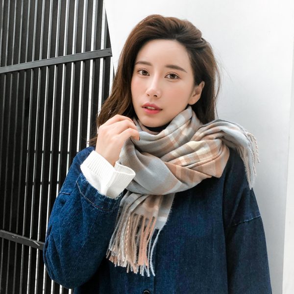 围巾批发新款仿羊绒彩格围巾女跨境韩版秋冬格子围巾流苏披肩围脖