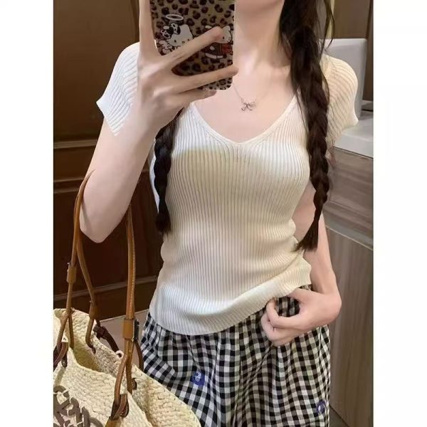 辣妹V领正肩短袖咖色针织衫女法式绝美修身显瘦短款上衣夏季新款