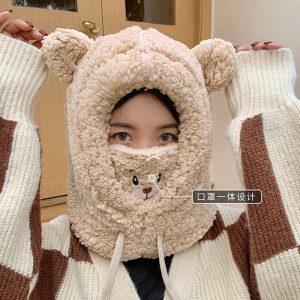 O1CN012UW7uf1d1CZmRythU_2219394283675-0-cib 冬季可爱小熊围巾帽子保暖一体帽学生羊羔毛韩版女帽口罩毛绒帽