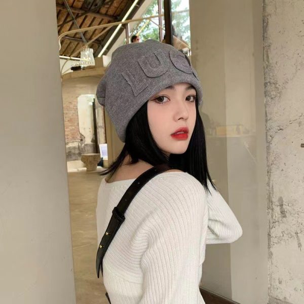 秋冬帽子女日系针织帽显脸小毛线帽网红字母冷帽加绒包头帽堆堆帽