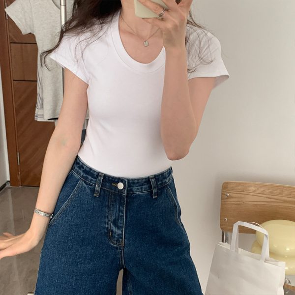 美式纯欲风修身T恤女潮牌韩版2024夏季修身纯棉低圆领白色设计感