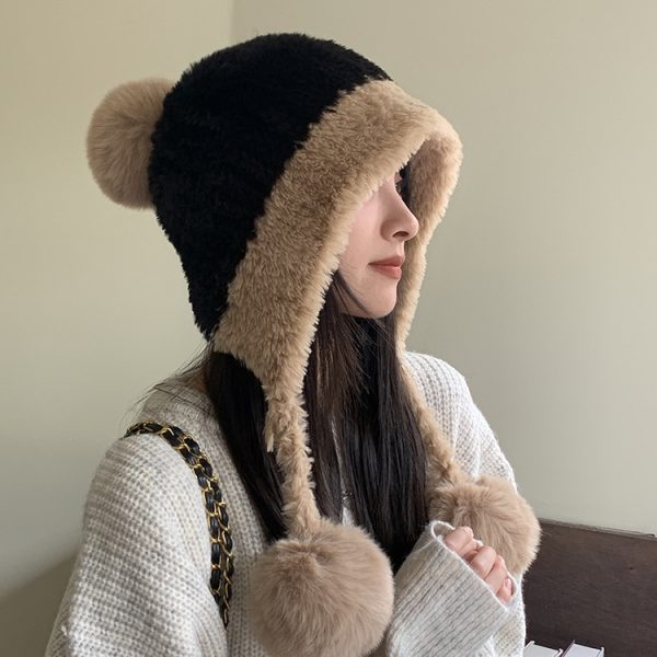 冬季防寒帽大头围毛绒挂球可爱护耳帽子女遮耳加绒加厚拼色针织帽