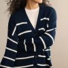 跨境条纹针织开衫女欧美2025秋冬新款V领开衫毛衣纯棉条纹毛衣女
