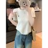正肩针织短袖t恤女2025夏季新款撞色圆领刺绣短款内搭打底衫上衣