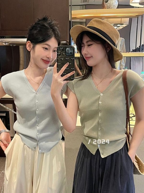 韩系小飞袖v领冰丝针织开衫女装夏季薄款修身显瘦针织外穿短袖衣