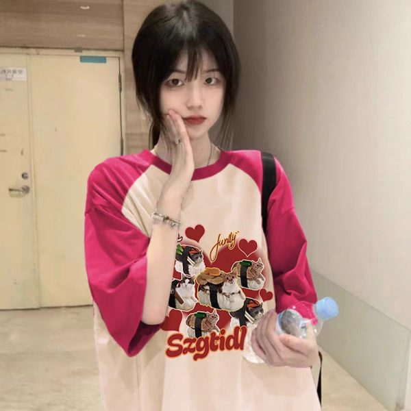 胖妹妹mm纯棉插肩短袖t恤女夏季宽松240斤大码设计感小众洋气上衣