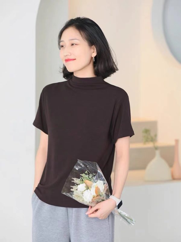 春季新款 弹力短袖女半高领文艺纯色修身显瘦休闲百搭T恤9227