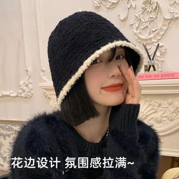 毛绒渔夫帽女秋冬2024新款显脸小针织盆帽小香风冬季保暖水桶帽子
