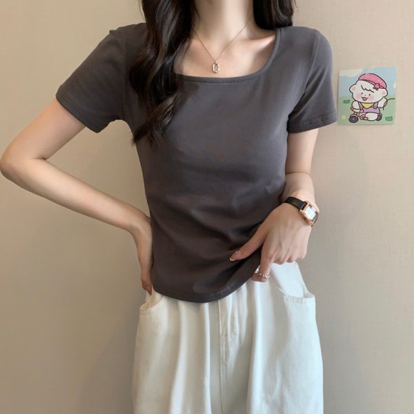 2024夏季设计感小众纯欲风甜辣妹u领正肩短袖t恤女不规则短款上衣