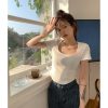 粉色U领正肩短袖t恤女夏新款甜辣修身显瘦不规则短款高腰露脐上衣