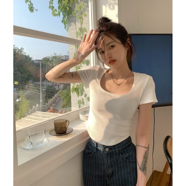 粉色U领正肩短袖t恤女夏新款甜辣修身显瘦不规则短款高腰露脐上衣