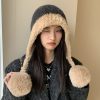 冬季防寒帽大头围毛绒挂球可爱护耳帽子女遮耳加绒加厚拼色针织帽