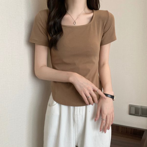 2024夏季设计感小众纯欲风甜辣妹u领正肩短袖t恤女不规则短款上衣