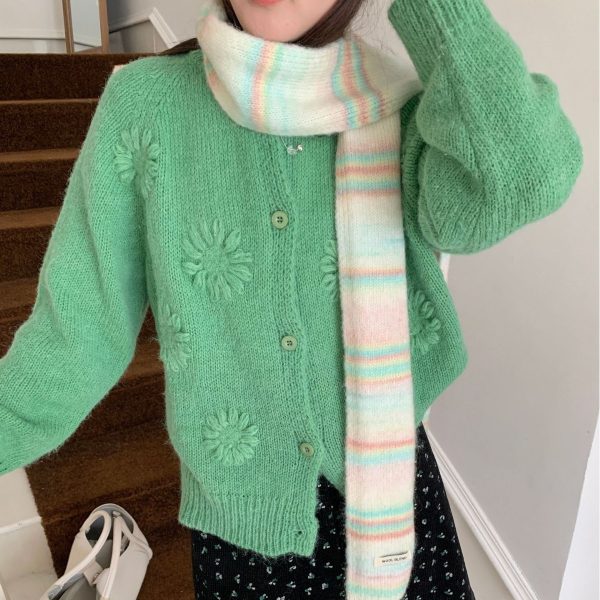 新款秋冬彩虹条纹羊毛混纺围巾女小众细长针织撞色渐变百搭潮围脖