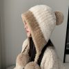 冬季防寒帽大头围毛绒挂球可爱护耳帽子女遮耳加绒加厚拼色针织帽