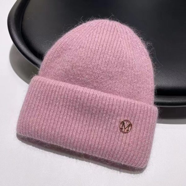 新款M标兔毛毛线帽雪地护耳高端滑雪帽加厚保暖大头围针织帽女冬
