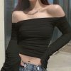 外贸亚马逊秋季新品欧美热销性感露肩修身网纱喇叭袖长袖露脐T恤