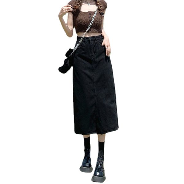 高腰开叉牛仔半身裙女2025新款春秋款小个子a字半裙黑色包臀长裙
