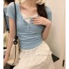 碎花蕾丝边短袖t恤女春夏新款设计感半开领纯欲辣妹bm假两件上衣