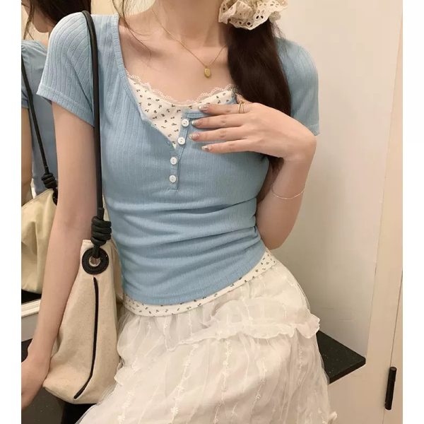 碎花蕾丝边短袖t恤女春夏新款设计感半开领纯欲辣妹bm假两件上衣