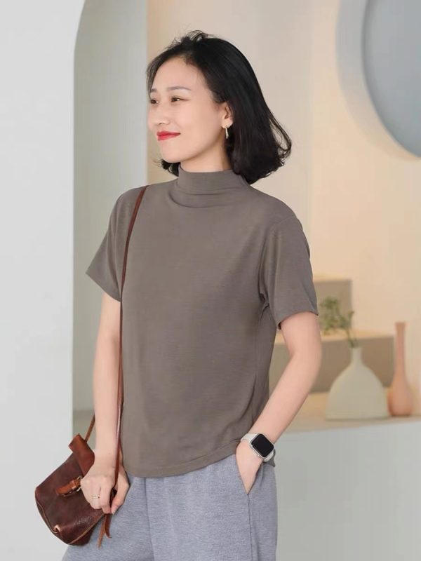 春季新款 弹力短袖女半高领文艺纯色修身显瘦休闲百搭T恤9227