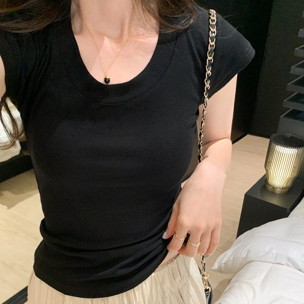 实拍正肩t恤女短袖夏季修身显瘦纯色基础款内搭打底衫紧身U领上衣
