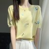 2024春夏新款甜美减龄刺绣女圆领冰丝针织短袖T恤半袖上衣打底衫