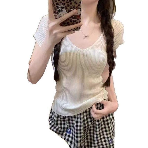 辣妹V领正肩短袖咖色针织衫女法式绝美修身显瘦短款上衣夏季新款