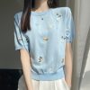 2024春夏新款甜美减龄刺绣女圆领冰丝针织短袖T恤半袖上衣打底衫