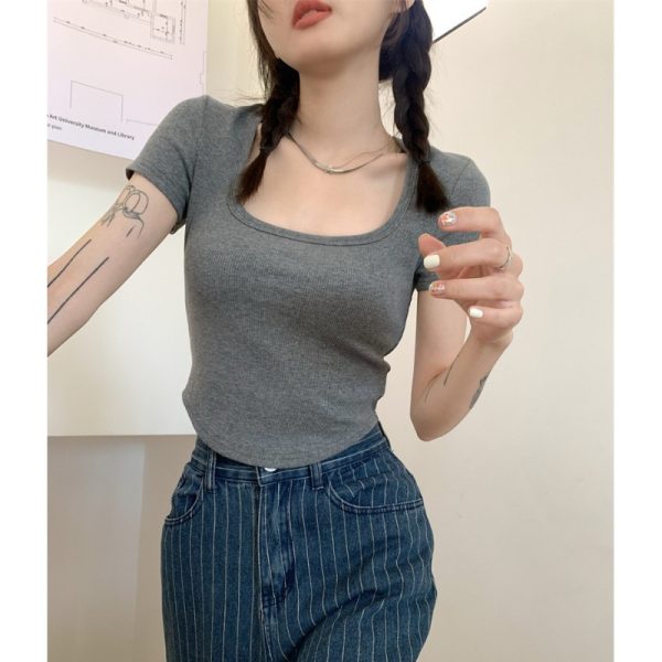 粉色U领正肩短袖t恤女夏新款甜辣修身显瘦不规则短款高腰露脐上衣