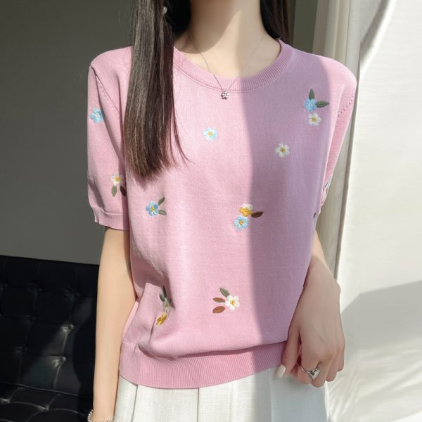 2024春夏新款甜美减龄刺绣女圆领冰丝针织短袖T恤半袖上衣打底衫