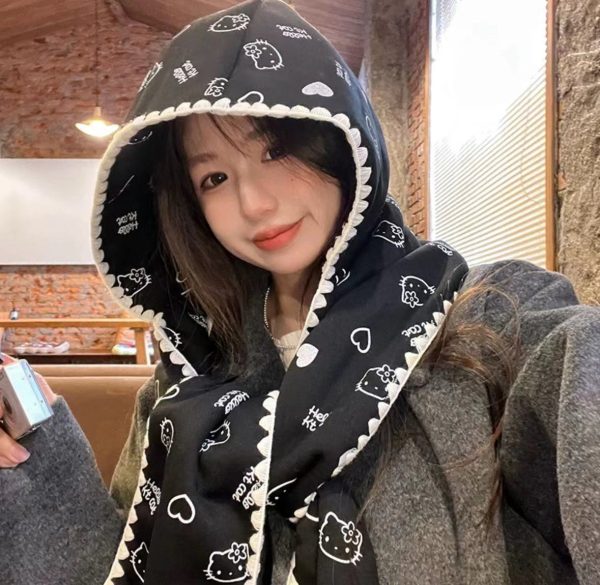 韩版笑脸印花可爱蕾丝百搭连帽围巾少女秋冬帽子针织保暖围脖斗篷