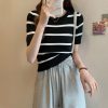 短款条纹短袖针织衫上衣女2023夏季新款洋气百搭小个子显瘦T恤ins