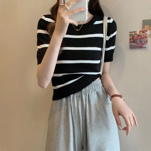 O1CN01Az1vkE2E8C9O5UbfR_2214103358699-0-cib 短款条纹短袖针织衫上衣女2023夏季新款洋气百搭小个子显瘦T恤ins