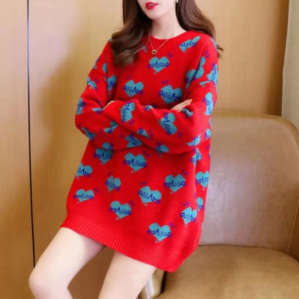 秋冬新款日系爱心 绣花甜美慵懒风宽松外穿针织上衣套头毛衣女