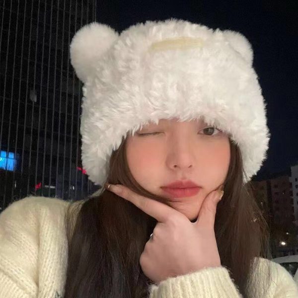 大头围软糯可爱小熊耳朵毛绒帽女秋冬季保暖显脸小宽松甜美护耳帽