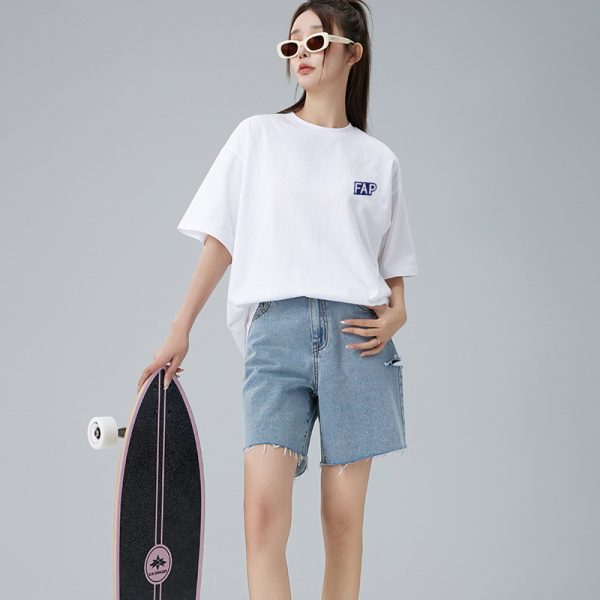 夏季白色纯棉落肩女t恤短袖韩版圆领宽松半袖胖mm显瘦大码女装