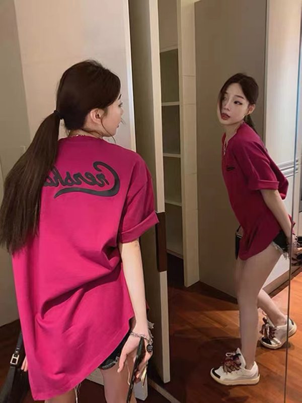 纯棉韩版宽松女装时尚穿搭短袖上衣中长款别致设计感字母t恤女潮