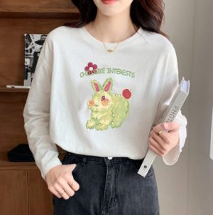 纯棉印花宽松长袖T恤女春秋新款韩版慵懒风内搭圆领打底衫女上衣