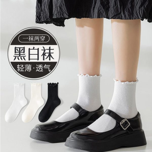 木耳边袜子女春季棉花边中筒袜潮日系风休闲棉袜白色堆堆袜诸暨