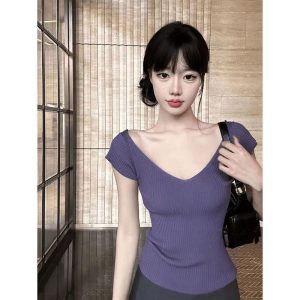 O1CN01ENdSdF1jVmjWWMNQJ_2219525934554-0-cib 辣妹V领正肩短袖咖色针织衫女法式绝美修身显瘦短款上衣夏季新款