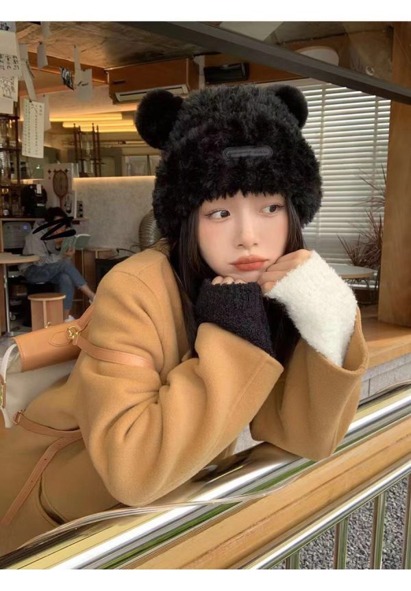 大头围软糯可爱小熊耳朵毛绒帽女秋冬季保暖显脸小宽松甜美护耳帽