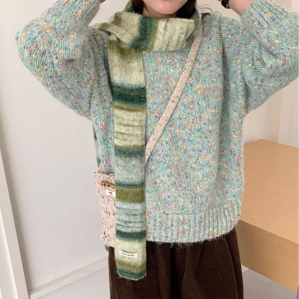 新款秋冬彩虹条纹羊毛混纺围巾女小众细长针织撞色渐变百搭潮围脖