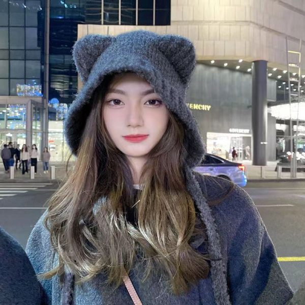 可爱小熊新款秋冬保暖女孩显脸小护耳毛线日韩系百搭针织冬季帽子