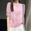 2024春夏新款甜美减龄刺绣女圆领冰丝针织短袖T恤半袖上衣打底衫