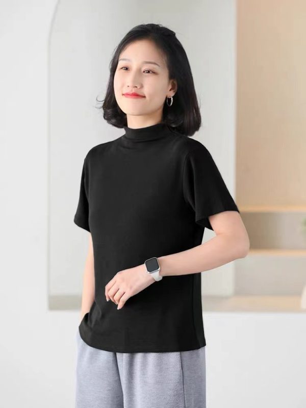 春季新款 弹力短袖女半高领文艺纯色修身显瘦休闲百搭T恤9227