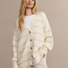 跨境条纹针织开衫女欧美2025秋冬新款V领开衫毛衣纯棉条纹毛衣女