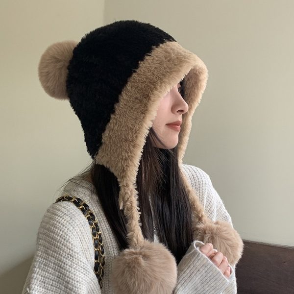 冬季防寒帽大头围毛绒挂球可爱护耳帽子女遮耳加绒加厚拼色针织帽